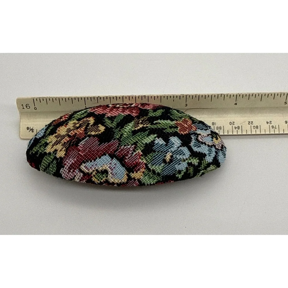 Vintage‎ 80s Floral Tapestry Petit Point Hair Barrette Oval French Clip Black